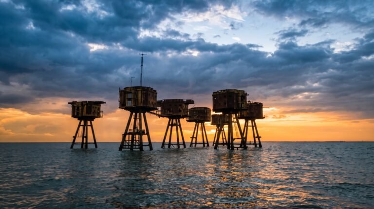 A dramatic sunset illuminating a cluster of abandoned sea forts standing in the ocean. The tall, rusted structures are silhouetted against a vibrant orange and yellow horizon, contrasting with heavy, dark blue clouds overhead.