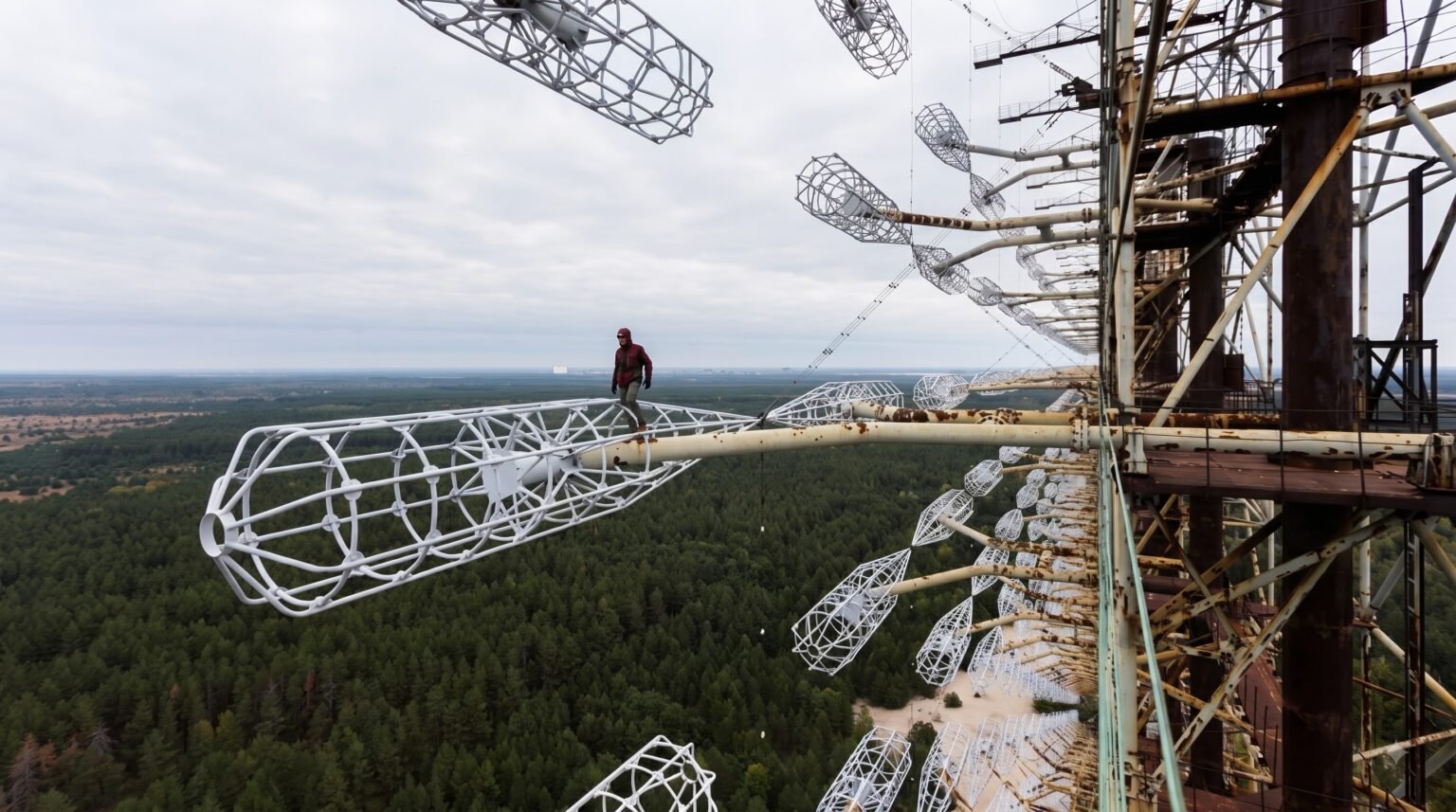 A brave person in a red jacket balances on a protruding cylindrical wire antenna high up on the massive Duga radar structure, with a vast green forest visible far below