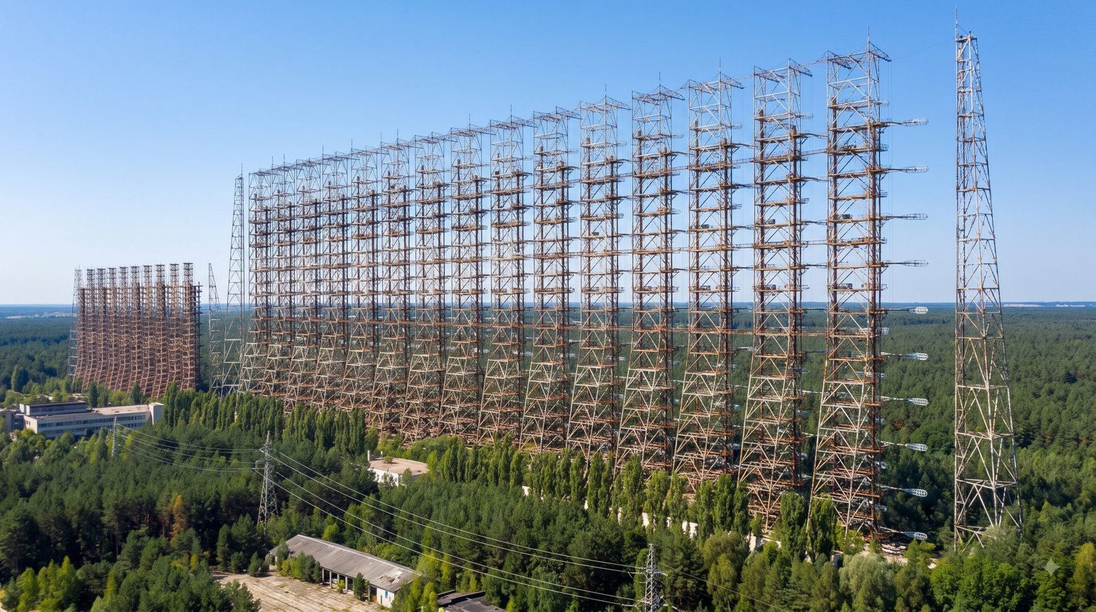 A wide aerial shot revealing the full, staggering length of the rusted Duga radar network towering above a dense green pine forest on a bright, sunny day