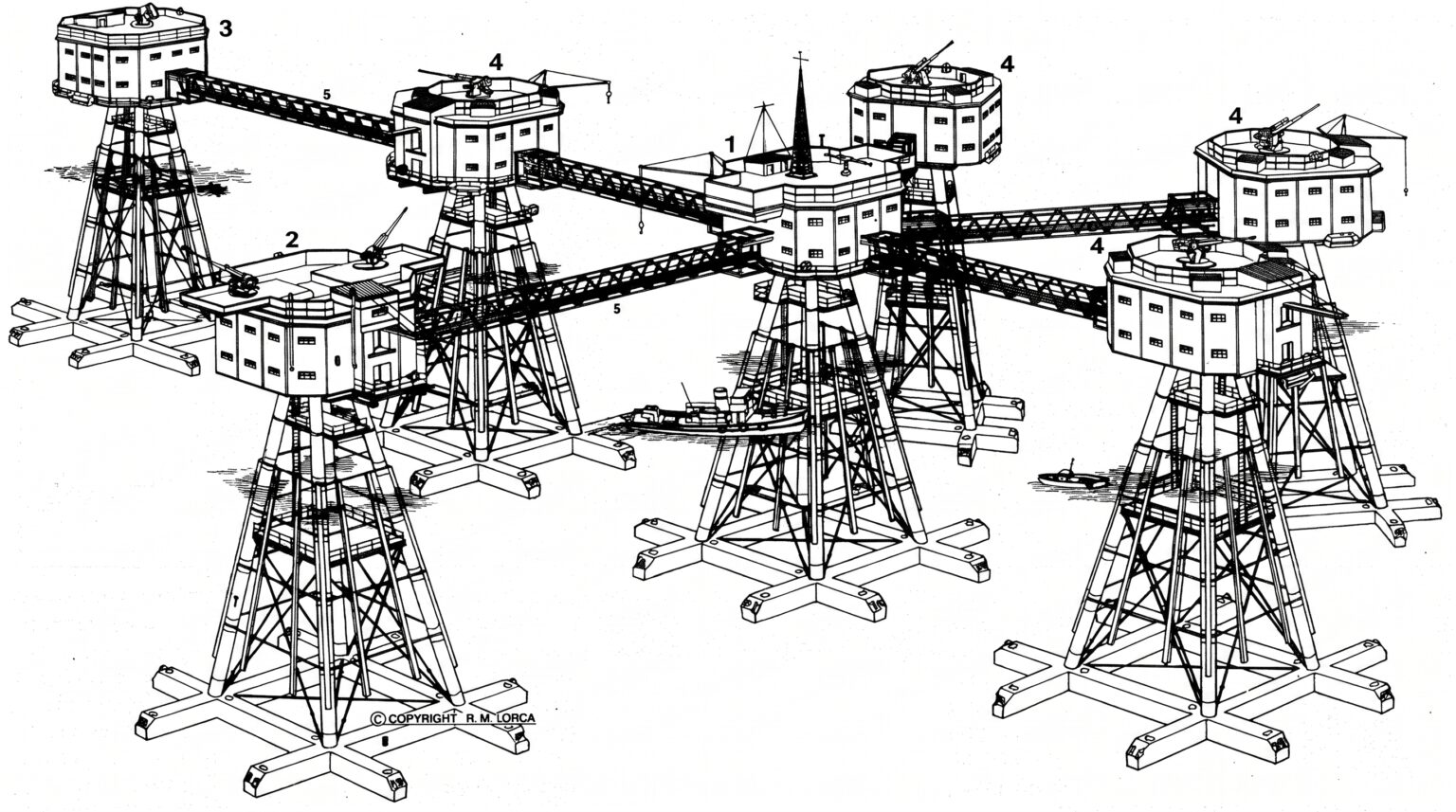 A black and white architectural line drawing illustrating the layout of the Maunsell Sea Forts. The diagram shows seven interconnected multi-story towers resting on cross-shaped bases, with numbered labels pointing to specific features like the central tower, surrounding outposts, and connecting bridges.