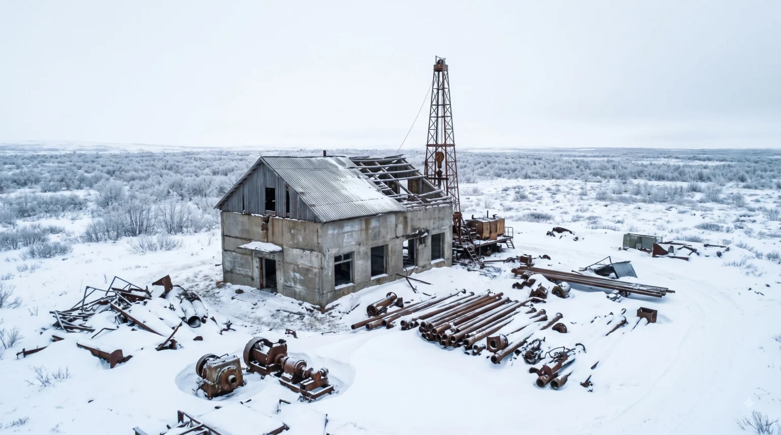 Abandoned Kola Superdeep Borehole site in winter, showing derelict Arctic industrial ruins