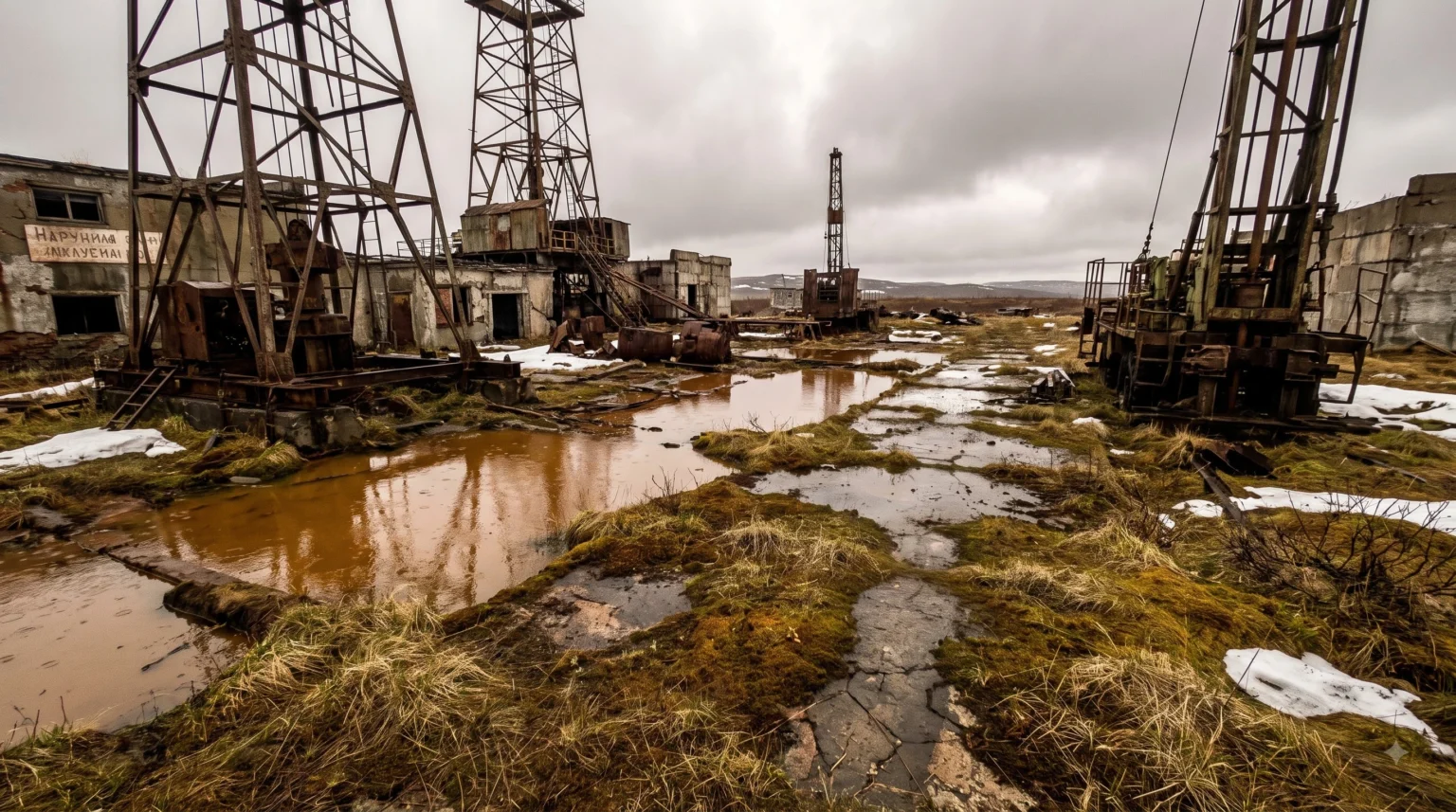Borehole abandoned site during summer thaw with mud and reclaimed vegetation