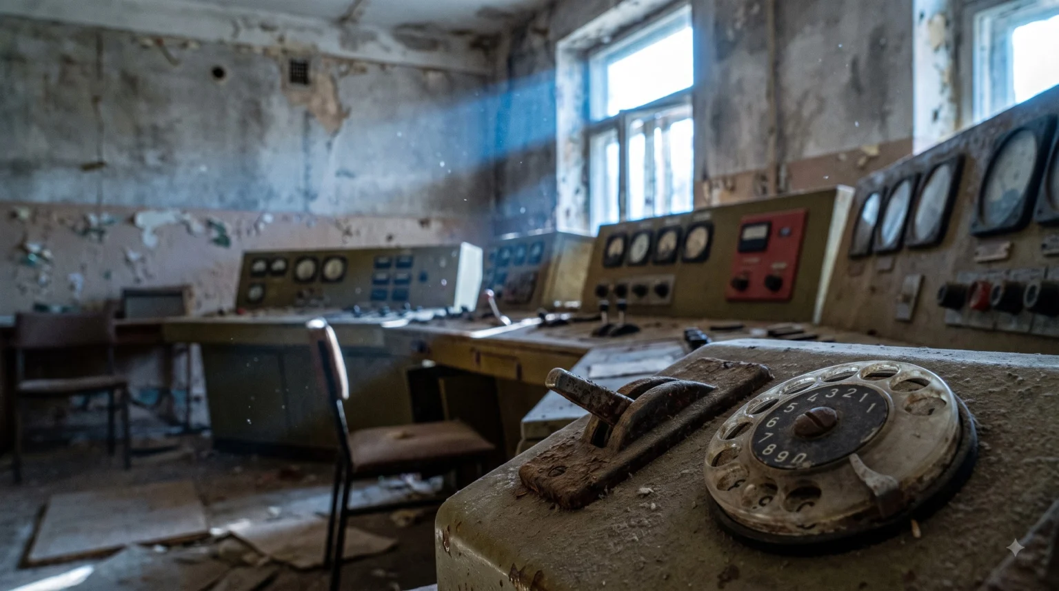 Abandoned Soviet control room at the Borehole facility after the funding collapse