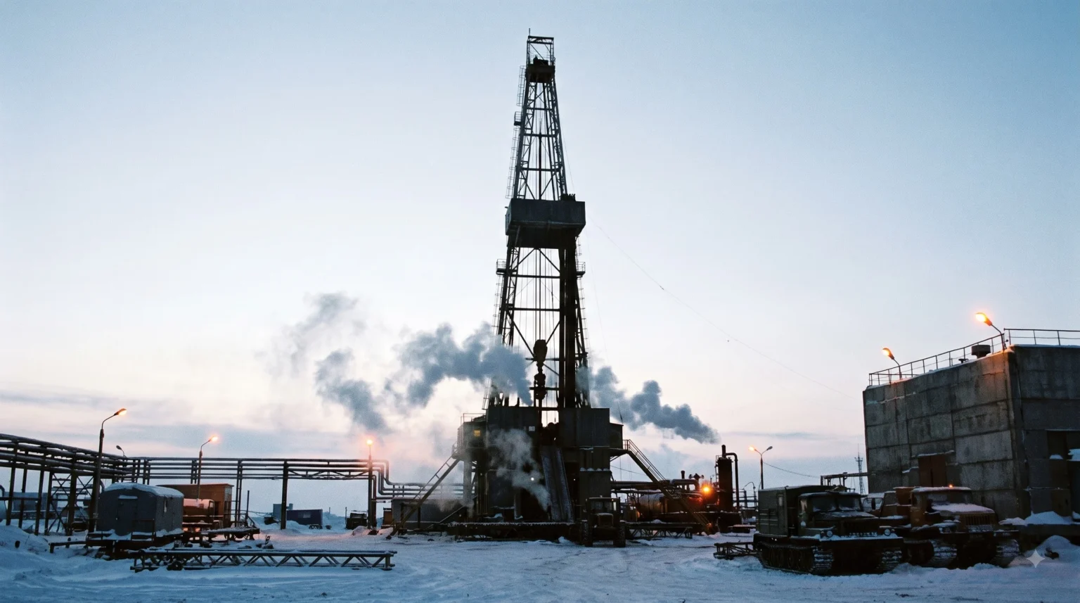 Historic Soviet drilling rig at the Kola Superdeep Borehole site during peak operations