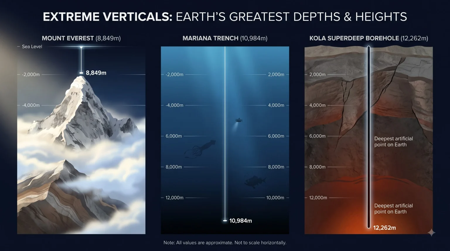 Depth comparison graphic showing the Kola Superdeep Borehole versus Mount Everest and the Mariana Trench