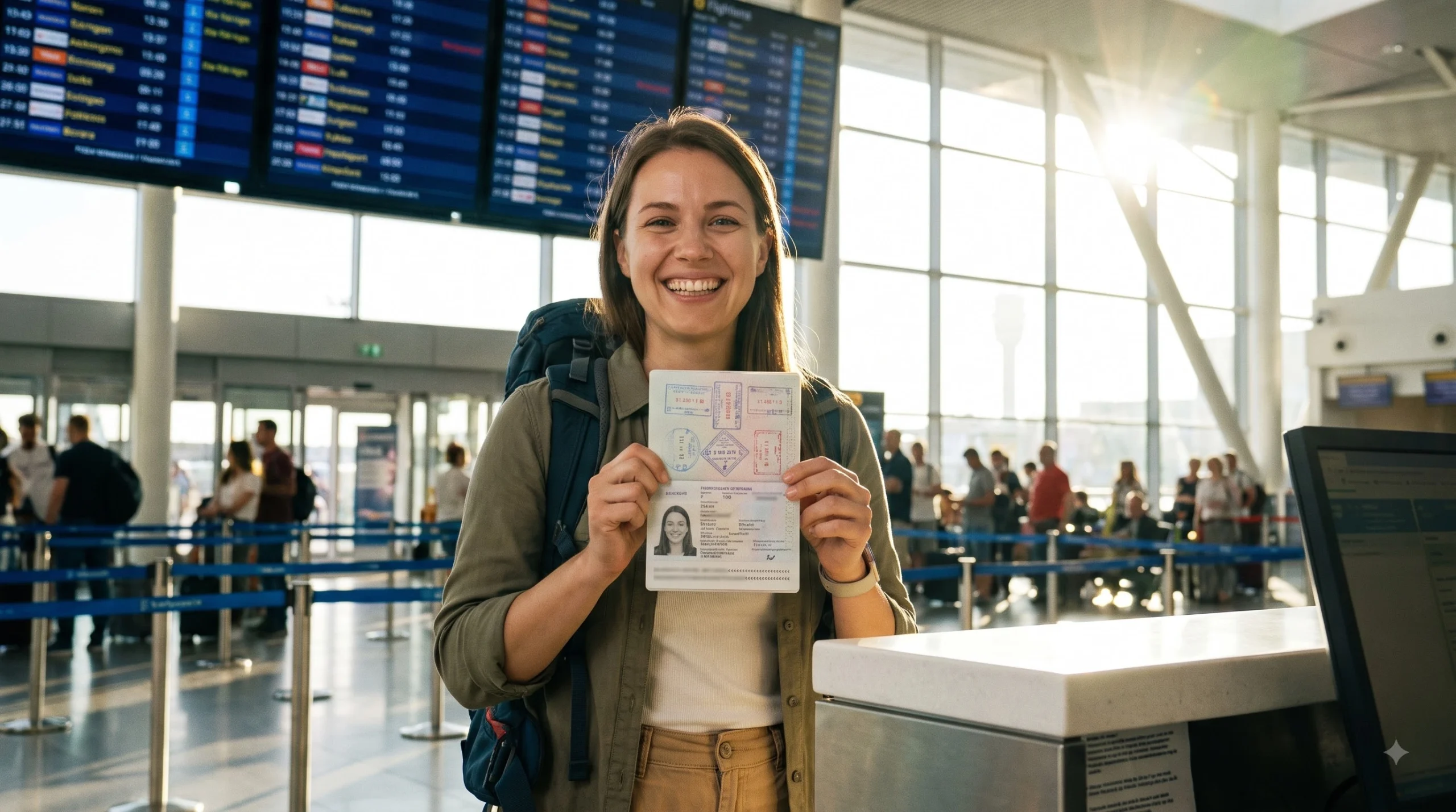 A traveler at a sunny airport counter smiles and checks passport and visa rules