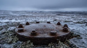 Rusted metal cap sealing the Kola Superdeep Borehole, the world's deepest man-made hole, on the Russian tundra