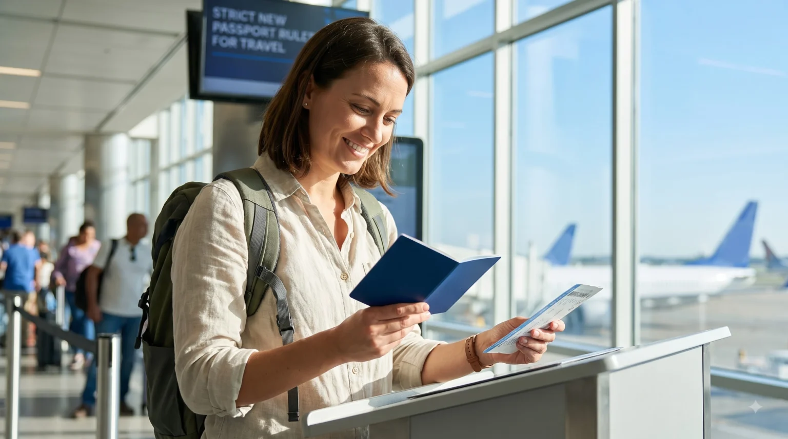 A smiling traveler holding a perfectly intact blue passport, ready for the strict new passport rules for travel.