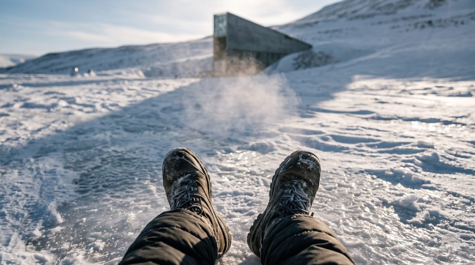A first-person view looking down at a pair of black winter boots standing on icy, snow-covered ground, with the concrete entrance of the Svalbard Global Seed Vault visible in the blurred background.