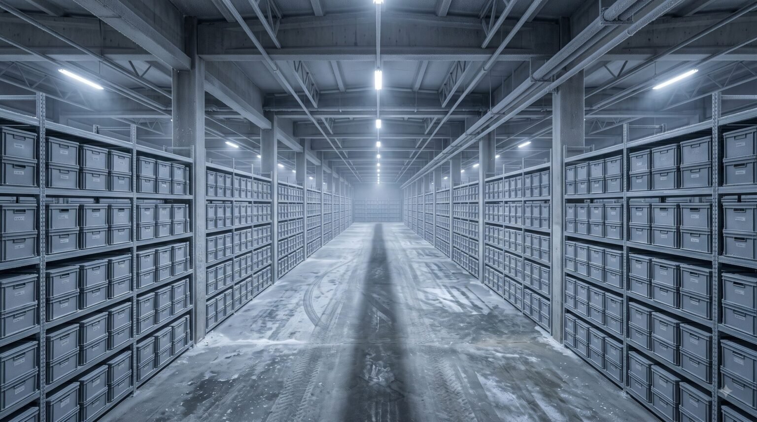 A long, cold concrete storage hall inside the seed vault, lined with rows of tall metal shelving units holding numerous identical grey plastic storage boxes under bright overhead lights.
