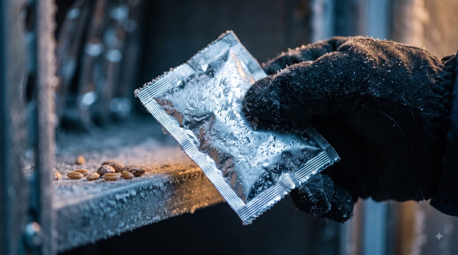 A close-up of a gloved hand holding a sealed, frost-covered silver foil seed packet inside a freezing storage facility, with a few loose seeds resting on the frosty shelf below.