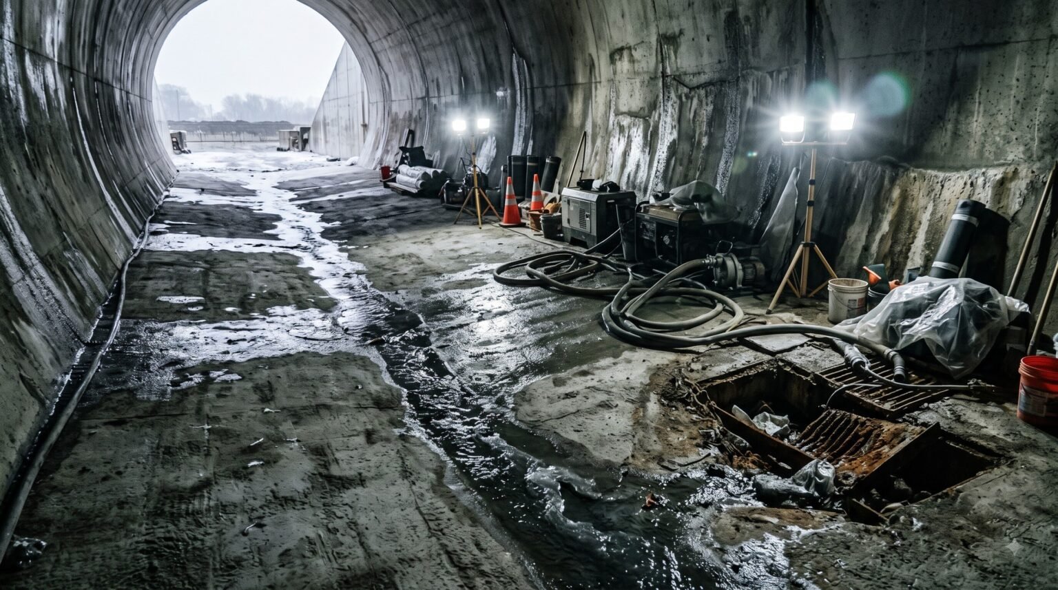 The interior of a large concrete tunnel where meltwater is pooling on the floor, surrounded by construction equipment, pumps, hoses, and work lights, with the tunnel opening visible in the background