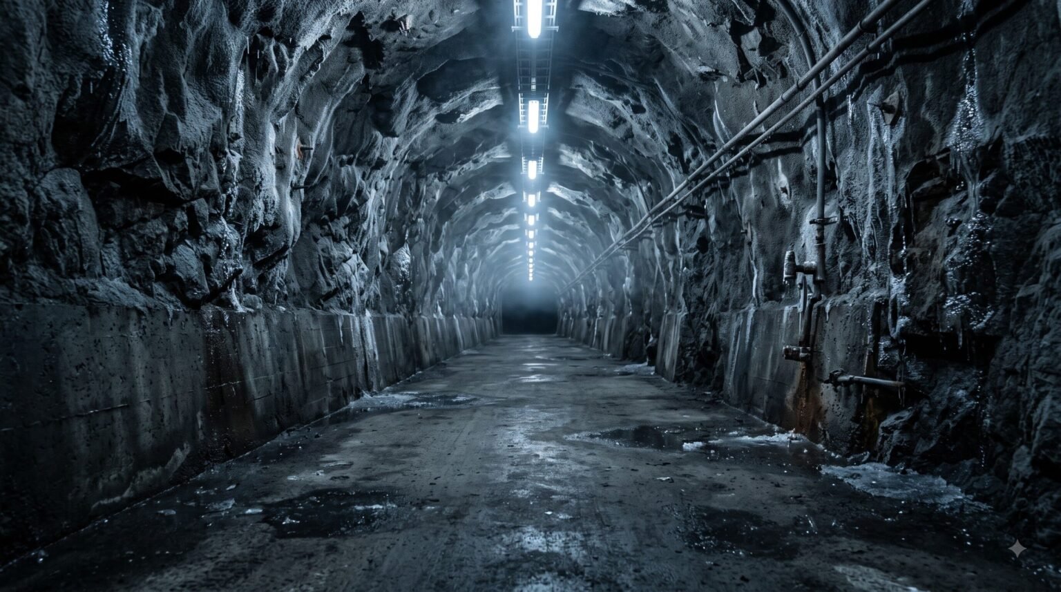A perspective shot looking down a dark, rocky underground tunnel with a concrete floor, illuminated by a string of bright overhead lights leading to a dark doorway at the end.