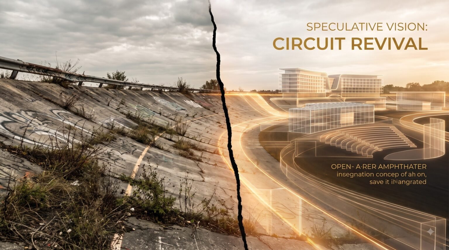 A split image showing an overgrown, cracked concrete banked race track on the left, transitioning into a modern, glowing wireframe architectural concept for a stadium and hotel complex on the right.