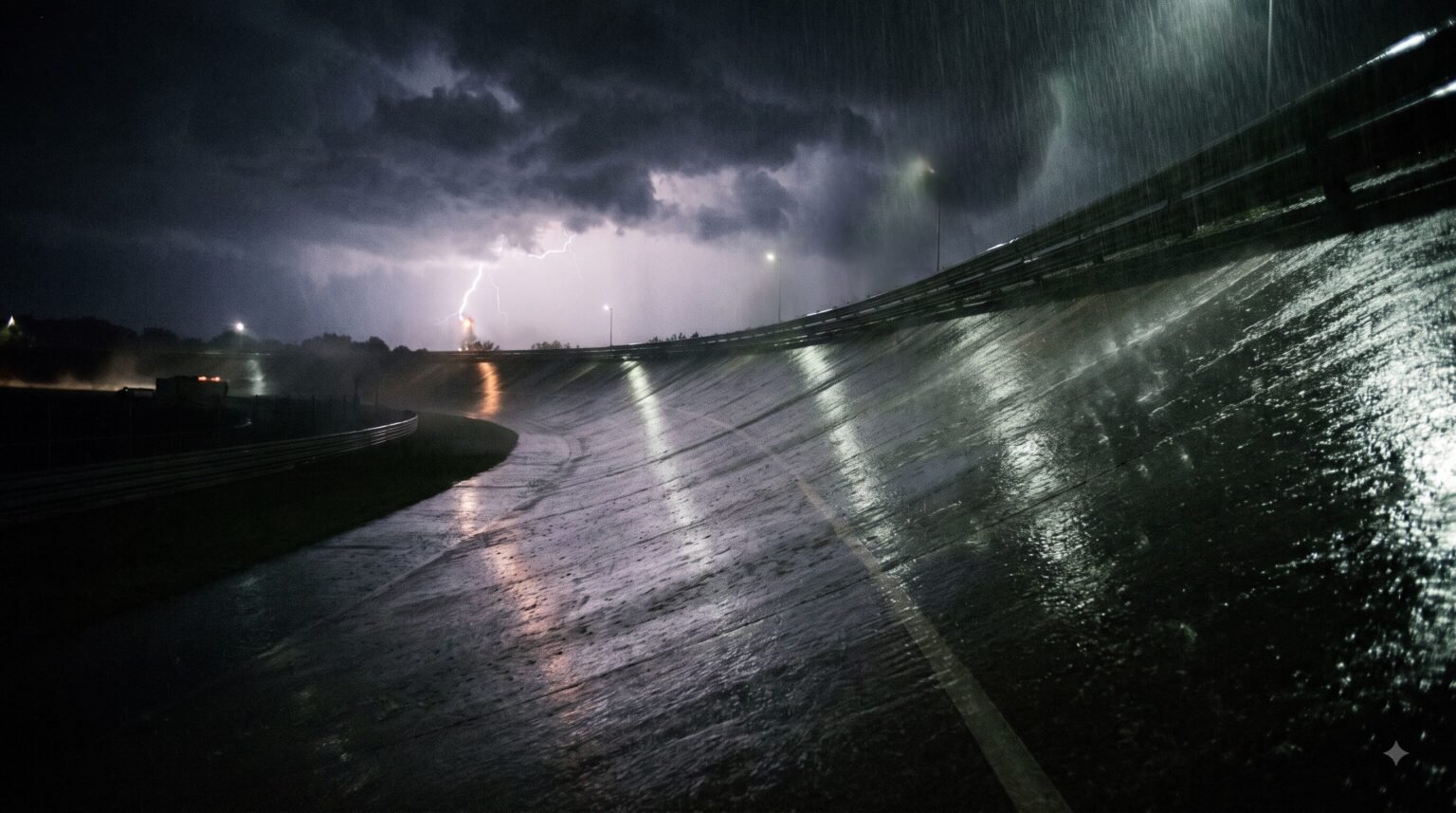 Heavy rain falls on a wet, steeply banked concrete Sitges-Terramar race track at night, illuminated by streetlights with a bright lightning strike flashing in the dark stormy sky behind