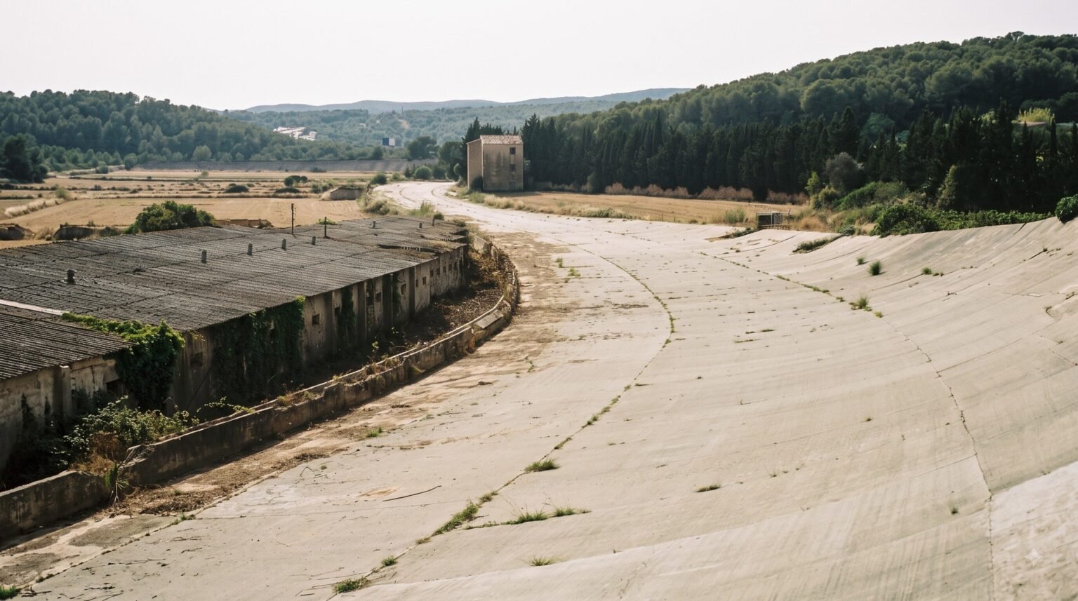 A weathered, banked concrete track curves past a long, abandoned building with a corrugated roof, set against a backdrop of dry fields and forested hills