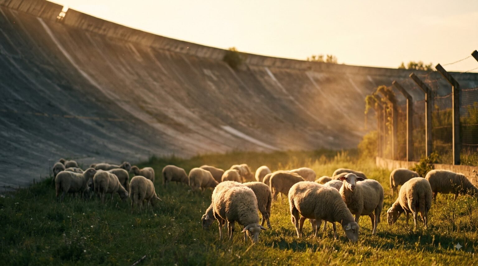 A flock of sheep peacefully grazes on the grass at the base of a massive, weathered concrete banked race track turn during golden hour.