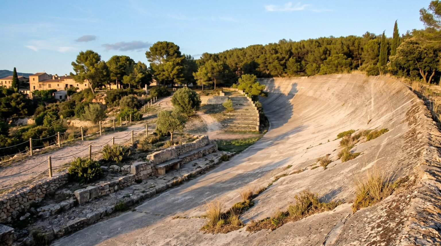Golden hour sunlight illuminates the steeply banked concrete curve of an abandoned race track, with stone terraced seating built into the adjacent grassy hillside