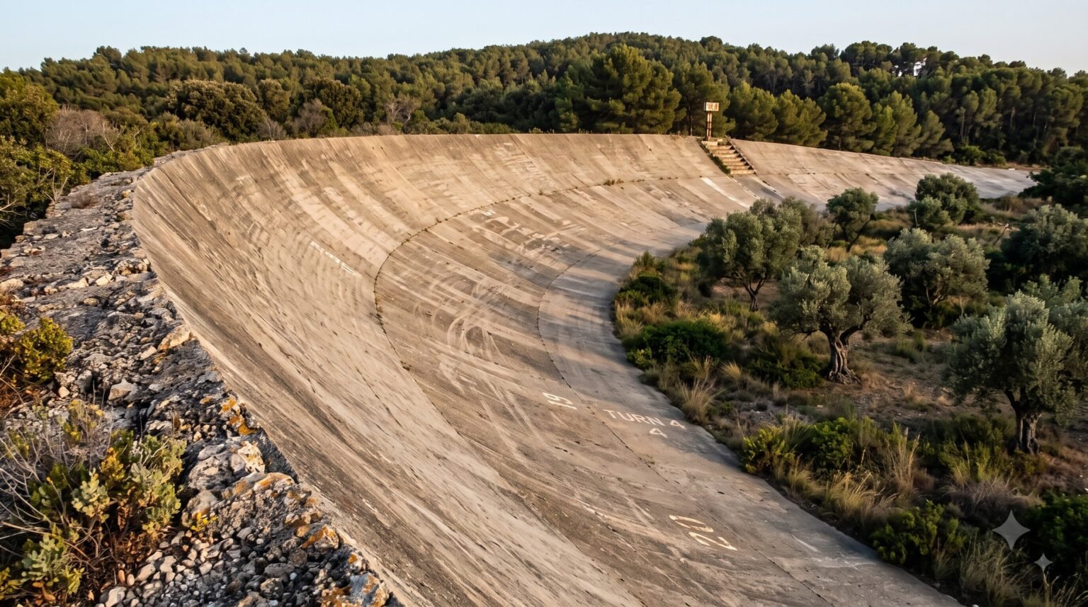 A steep, weathered concrete banked turn of an abandoned race track, marked with faded white text reading "TURN 4", surrounded by olive trees and dense forest