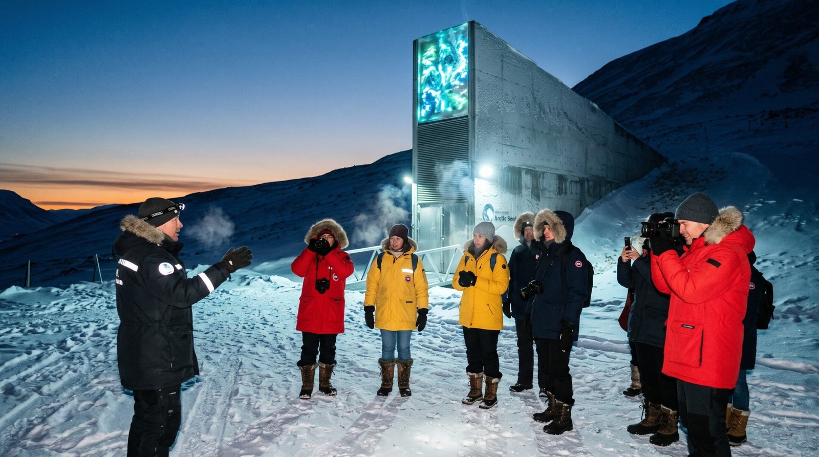 A tour guide in dark winter gear speaks to a small group of bundled-up tourists taking photos outside the illuminated concrete entrance of the Svalbard Global Seed Vault at dusk.