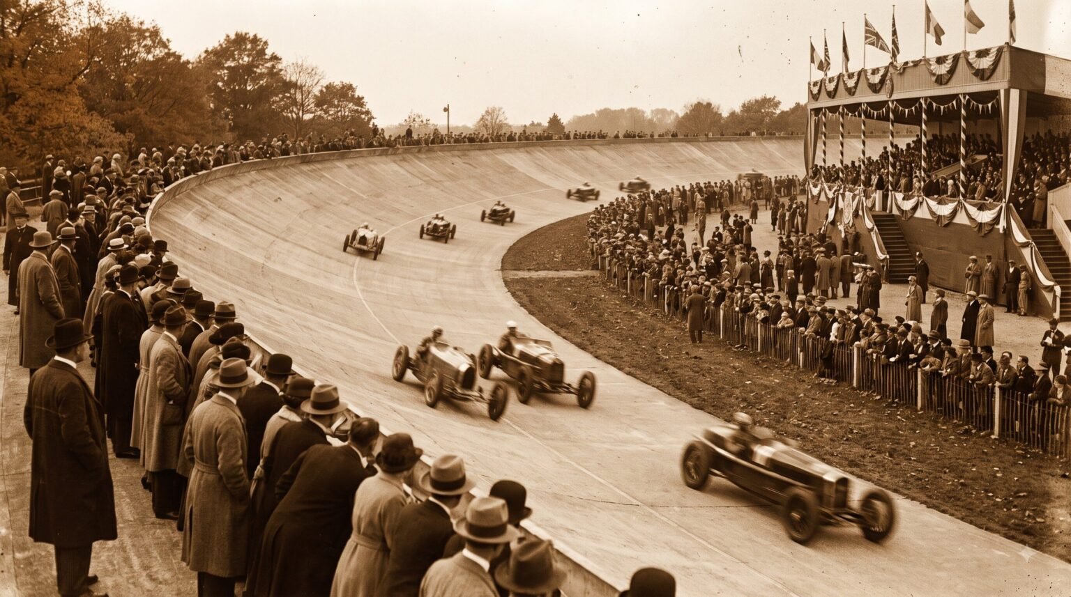 A vintage sepia photograph showing numerous classic open-wheel cars racing on a highly banked concrete track, while large crowds of spectators watch from the edges and a grandstand.