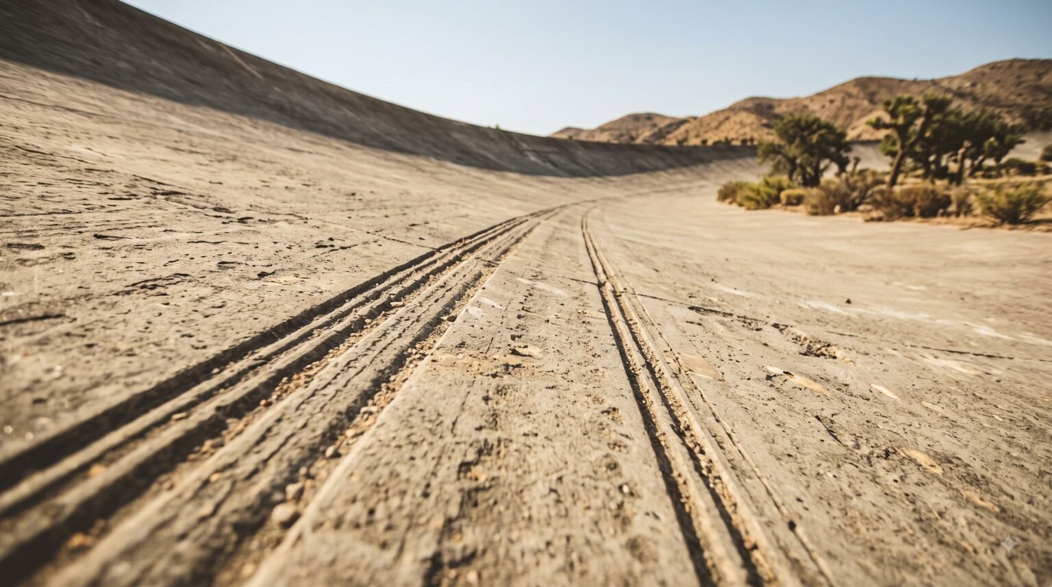 A close-up, low-angle view of a weathered, steeply banked concrete race track showing deep grooves and cracks in a dry, desert-like landscape.