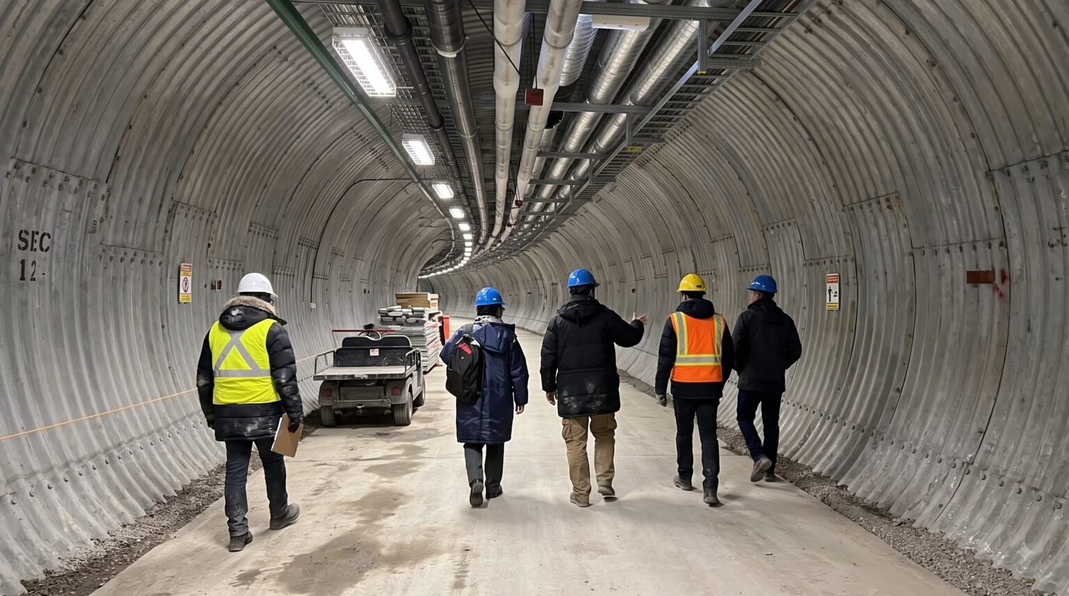 Four workers wearing hard hats walk through a large corrugated metal tunnel with overhead pipes and a utility cart parked nearby.