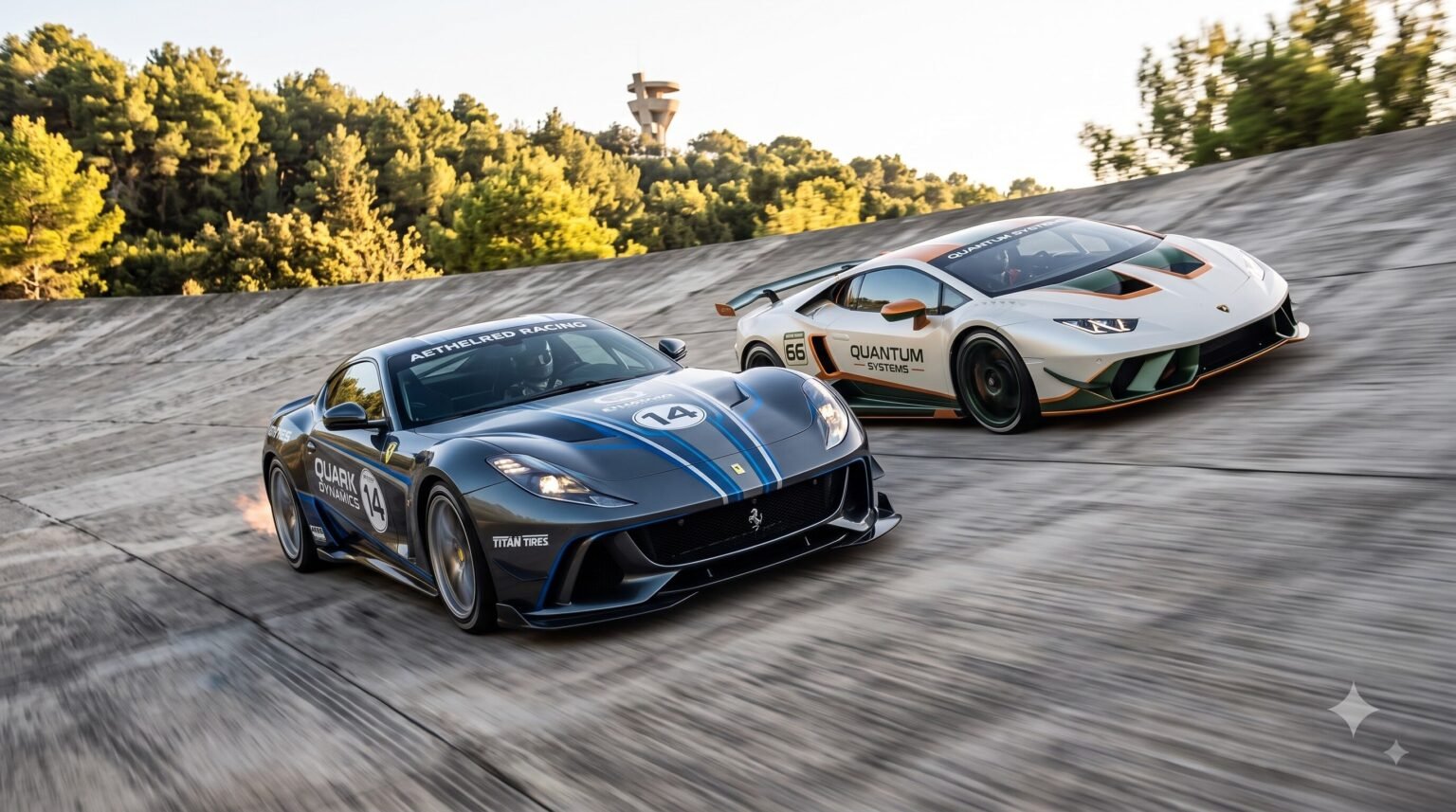 Two modern sports cars, a grey Ferrari and a white Lamborghini, speeding along a steeply banked concrete race track with motion blur indicating high speed at Sitges-Terramar