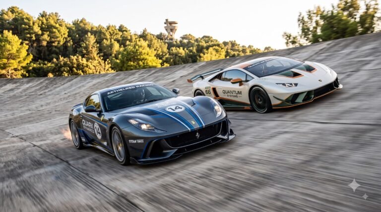 Two modern sports cars, a grey Ferrari and a white Lamborghini, speeding along a steeply banked concrete race track with motion blur indicating high speed at Sitges-Terramar