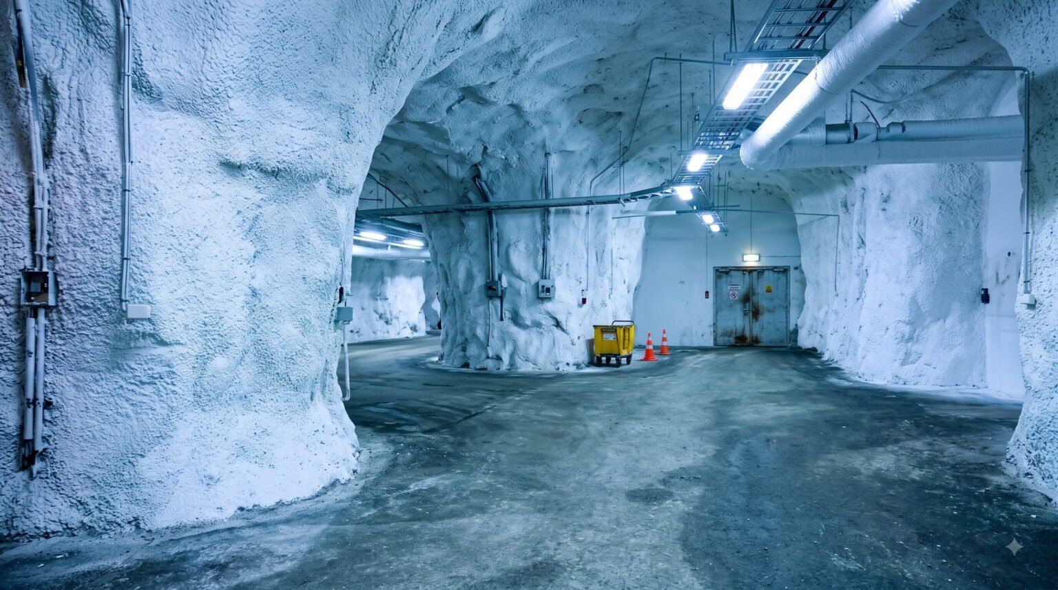 An underground facility carved from white rock features overhead pipes, a yellow cart, orange cones, and rusty metal doors.