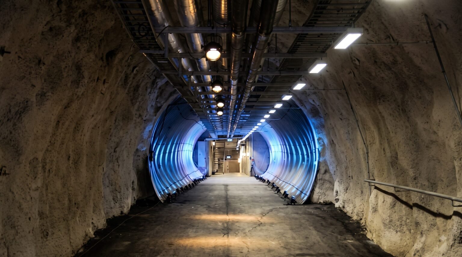 A rocky underground tunnel leads into a blue illuminated corrugated metal section with overhead lights and thick ventilation pipes.