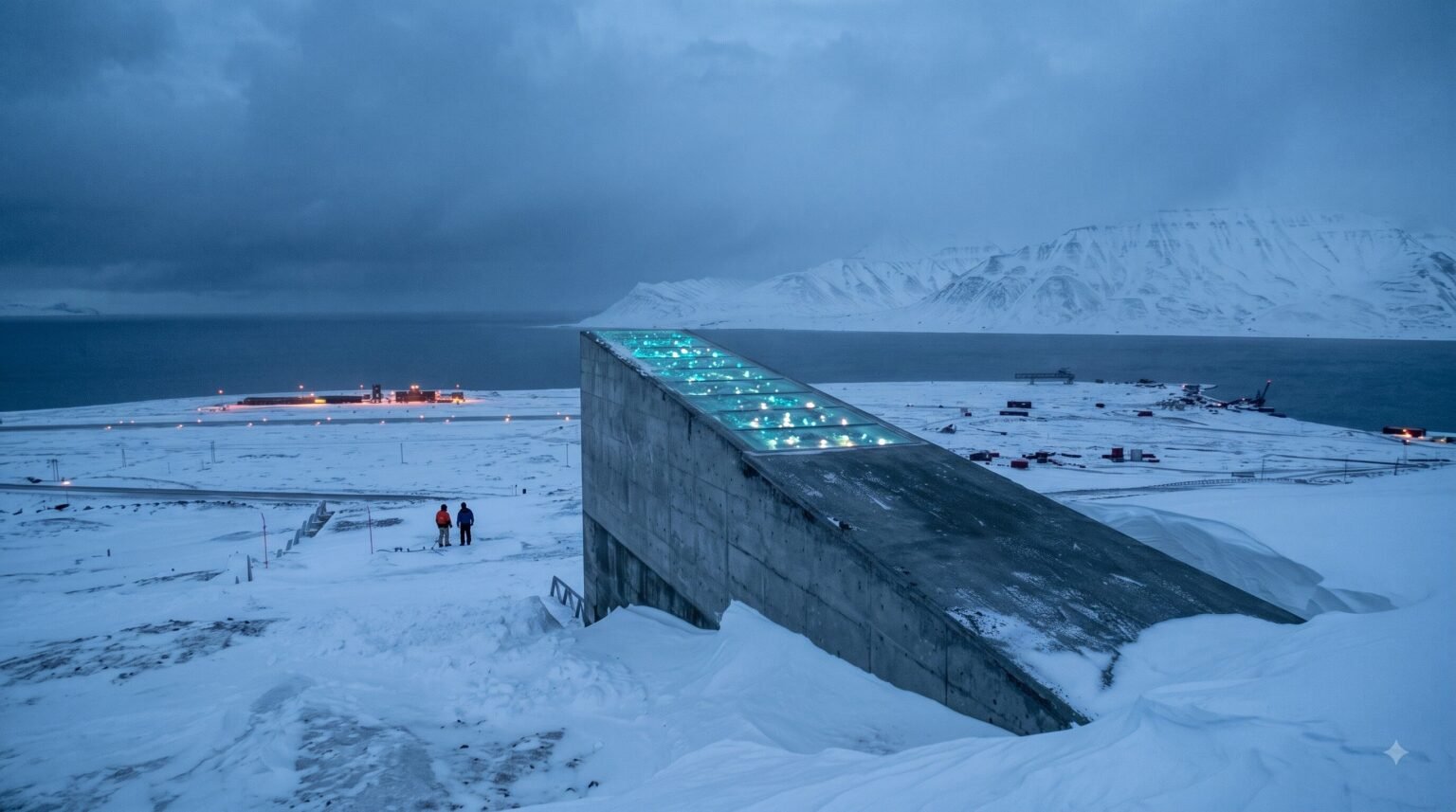 Two people stand near the concrete entrance of the Svalbard Global Seed Vault protruding from a snowy landscape at twilight.