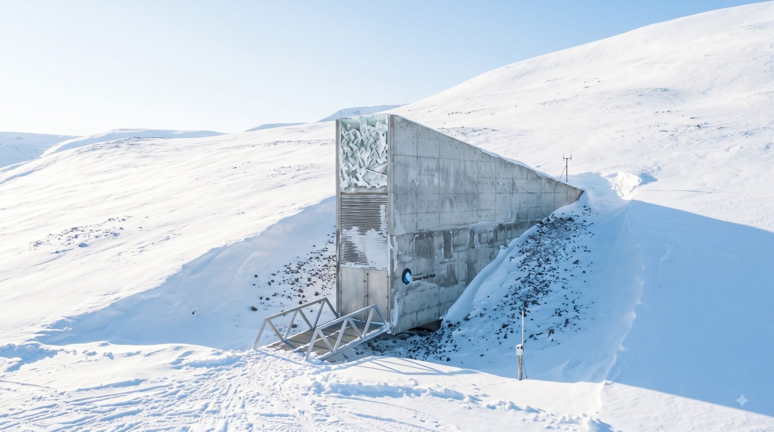 The concrete entrance of the global seed vault juts out from a bright, snow-covered mountainside under a clear sky.
