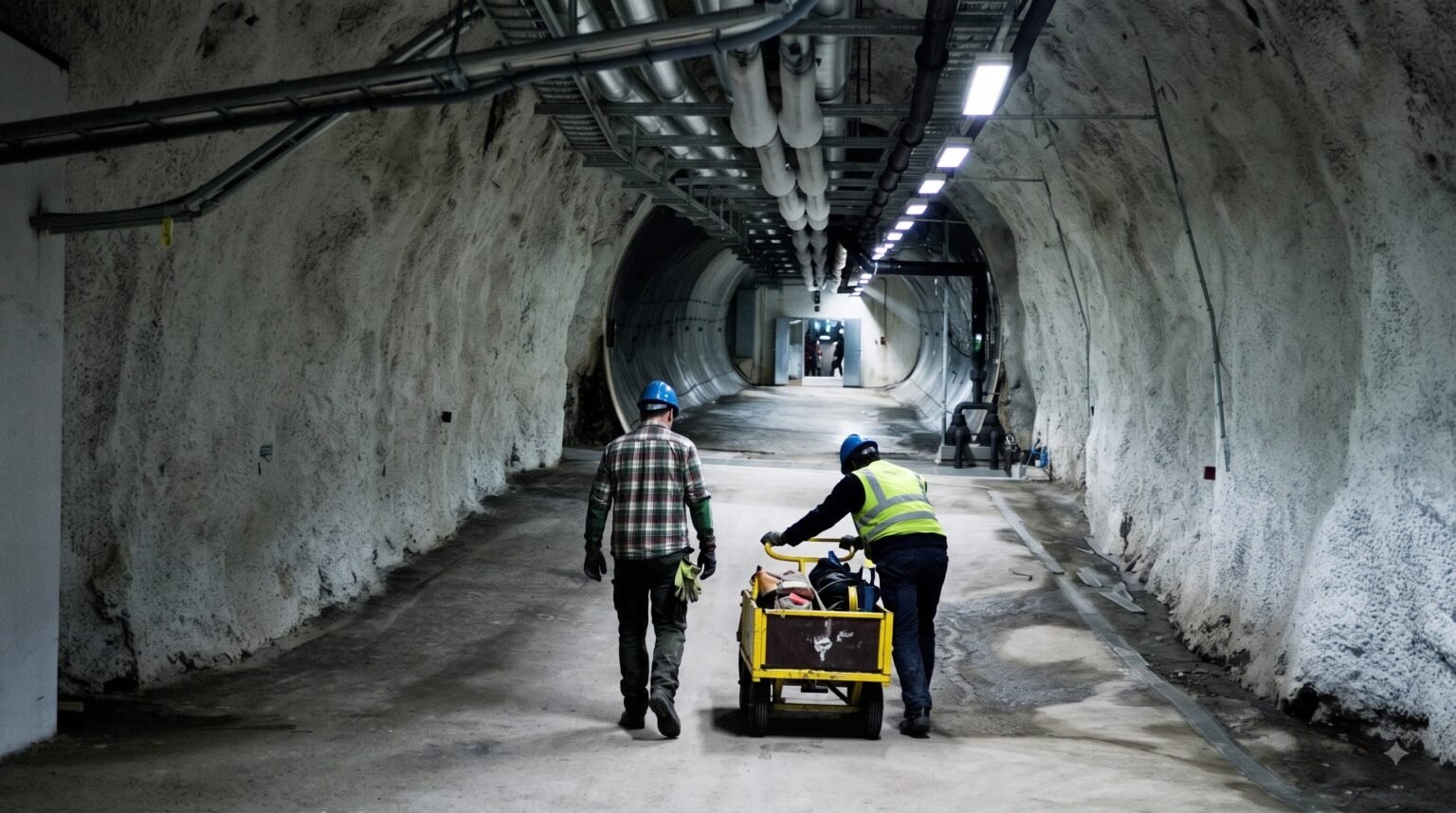Two workers in hard hats, one pushing a yellow utility cart, walk down a rocky underground tunnel toward a doorway.